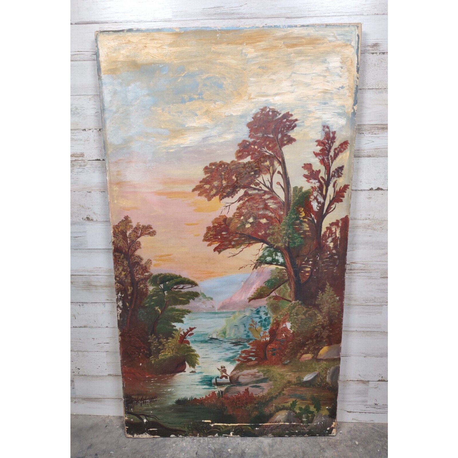 Antique 19th Century Oil Painting on Canvas Signed Autumn Boat Lake Landscape