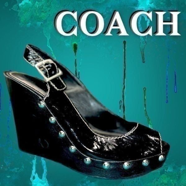 COACH RENAE CRINKLE PATENT SILVER STUD PLATFORM PEEP TOE SANDALS SIZE 6.5 Black