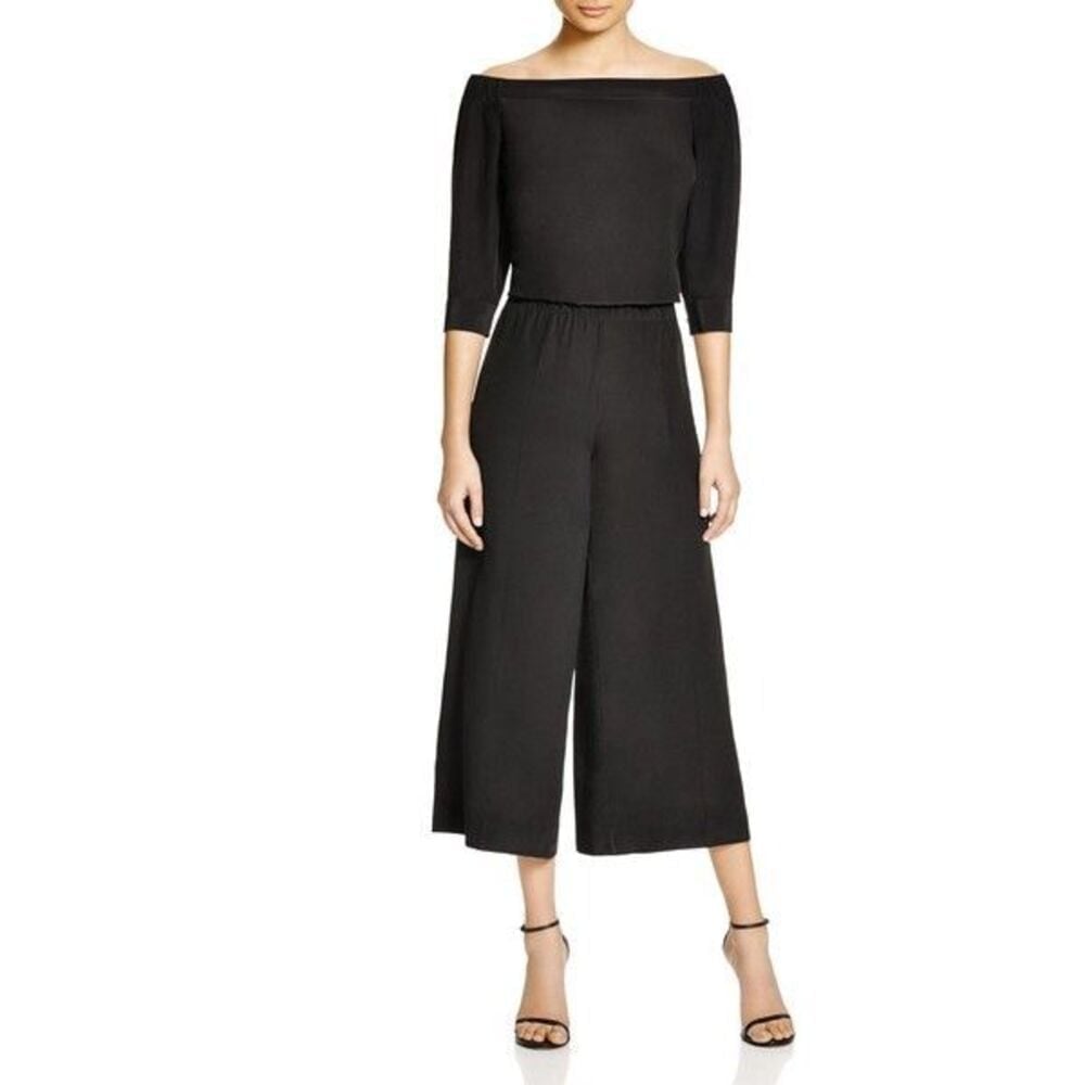 Theory Black Faily Mosaic Silk Jumper Off Shoulder Cropped Size 2 NWT (Flaw)