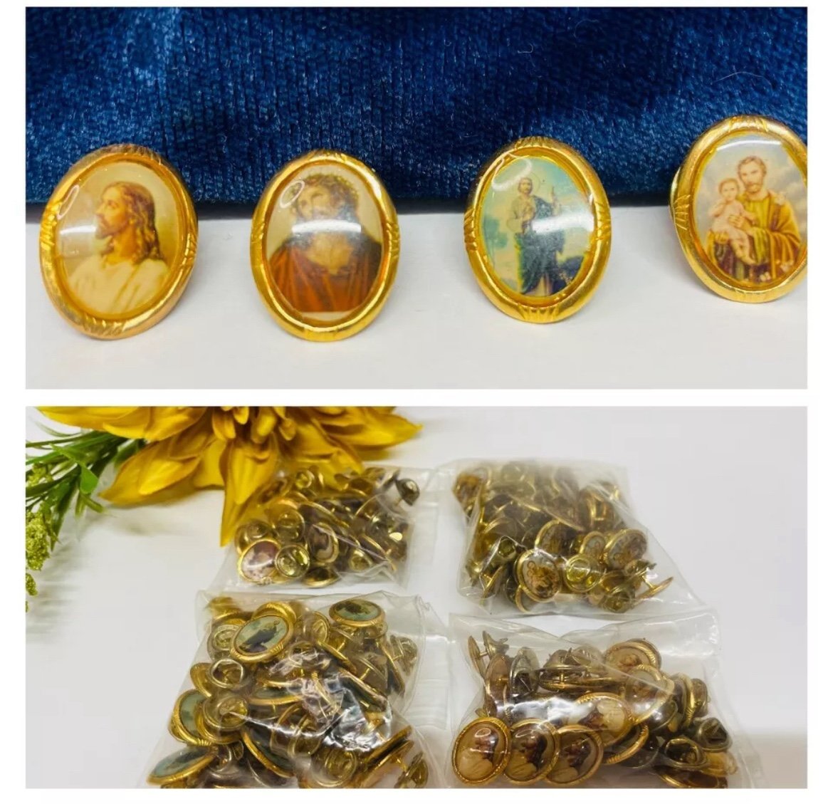 140 Lot NEW Religious Catholic Brooch Lapel Pins Gold Tone with backings 4 Style