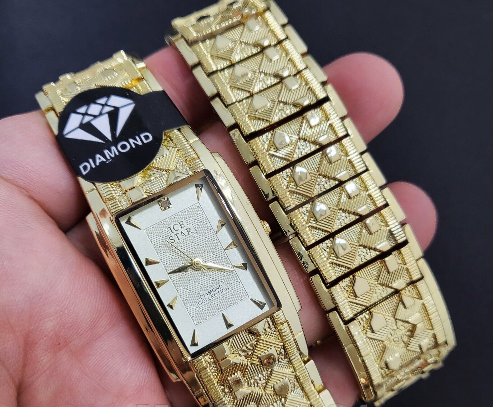MEN'S HIP HOP GOLD FINISH BLING LUXURY SQUARE METAL WATCH & BLING BRACELET SET
