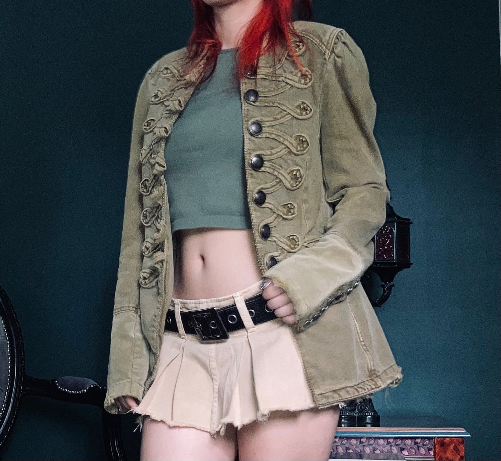 Free People Denim Seamed and Structured Military Jacket Buttons Olive Green XS