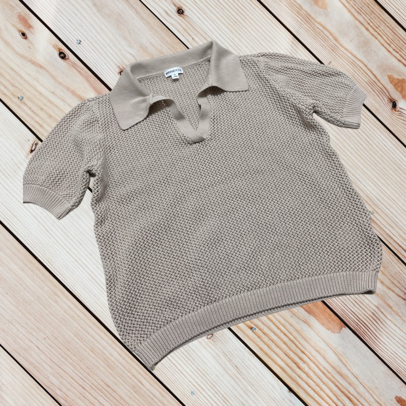Minnie Rose XL tan open crochet knit polo 117 retail