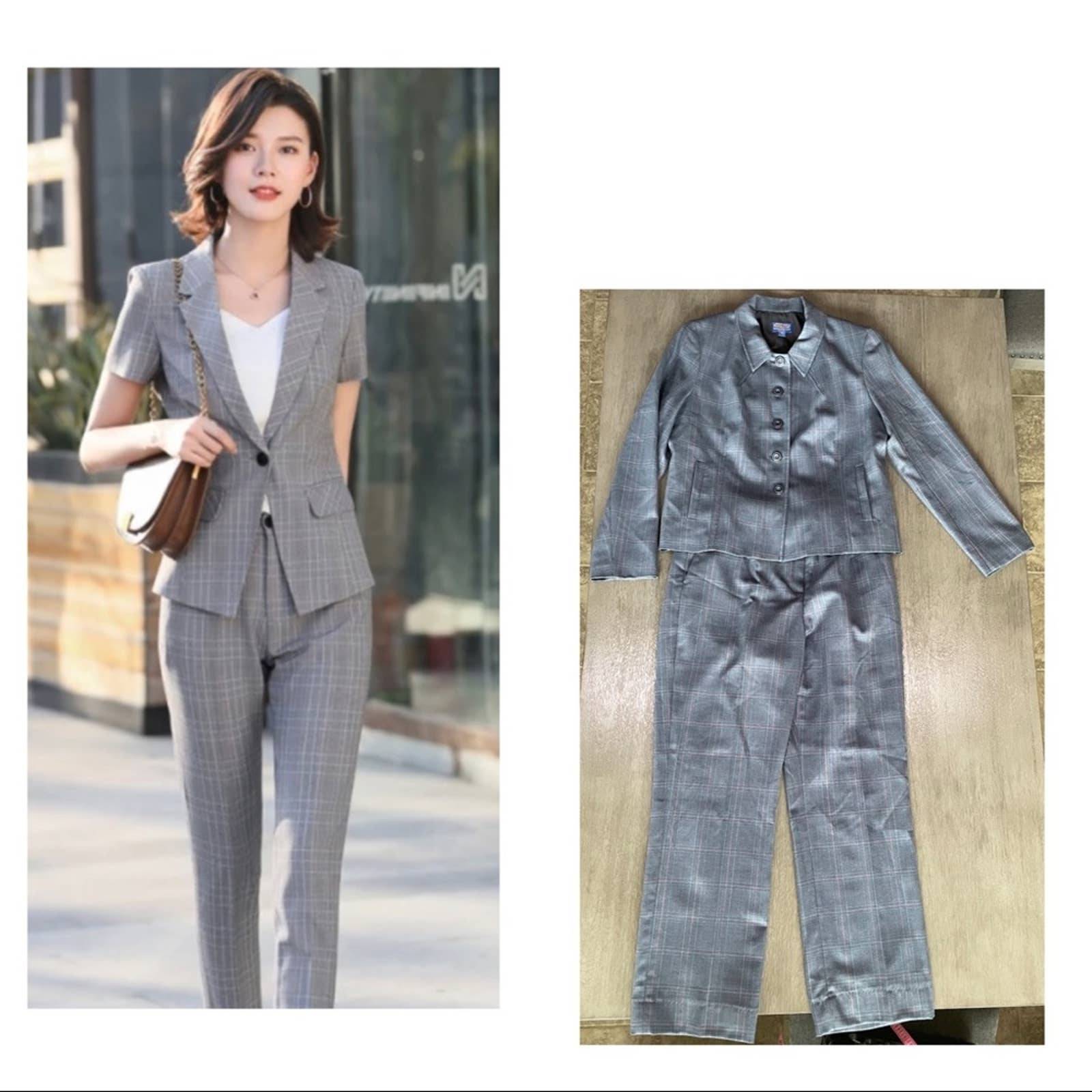 Pendleton Grey Plaid Pantsuit With Jacket Blazer And Slacks Virgin Wool
