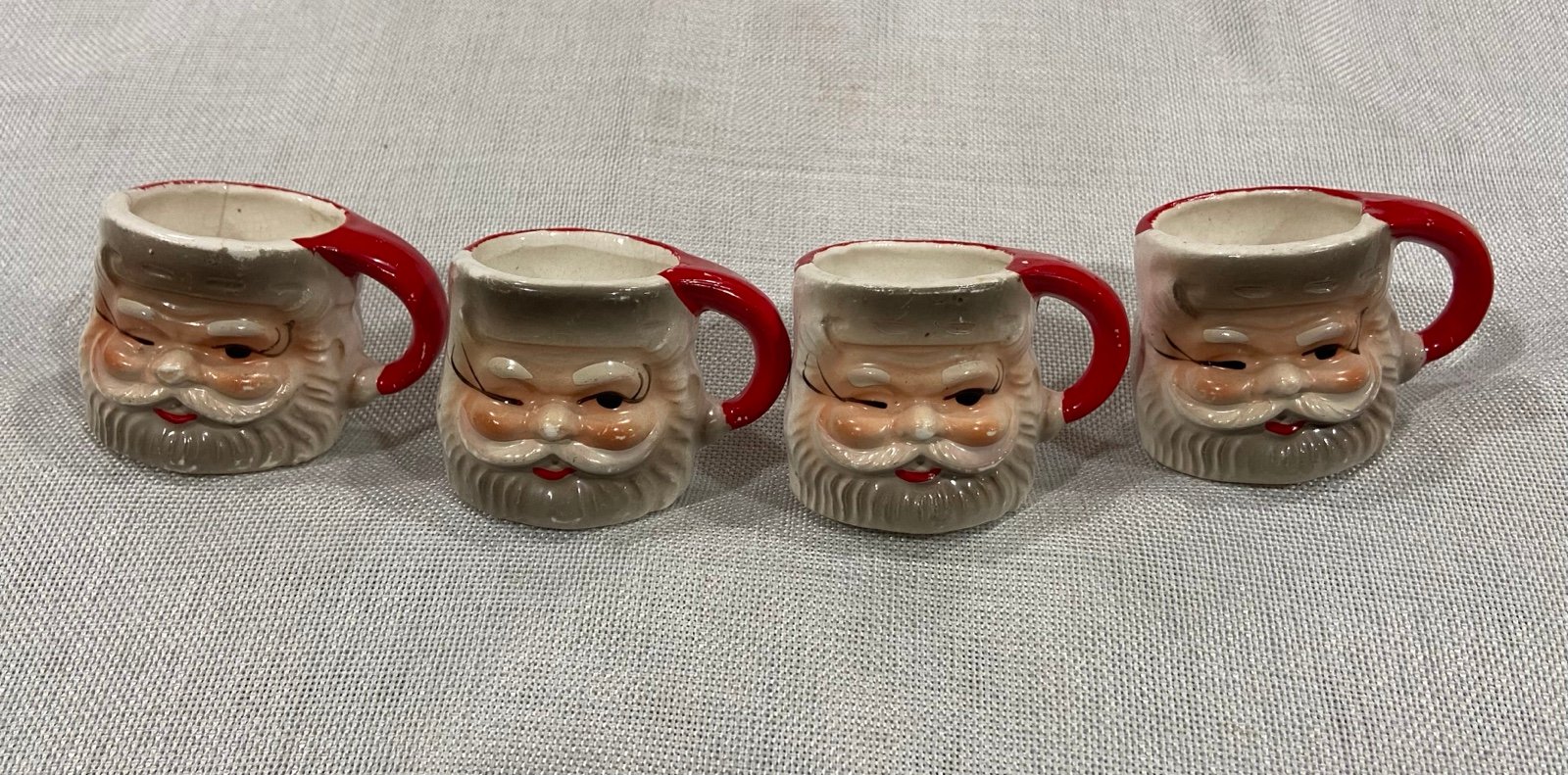 Vintage Winking Santa Tiny Mug/Shot Glasses. Hand Painted. Lot of 4