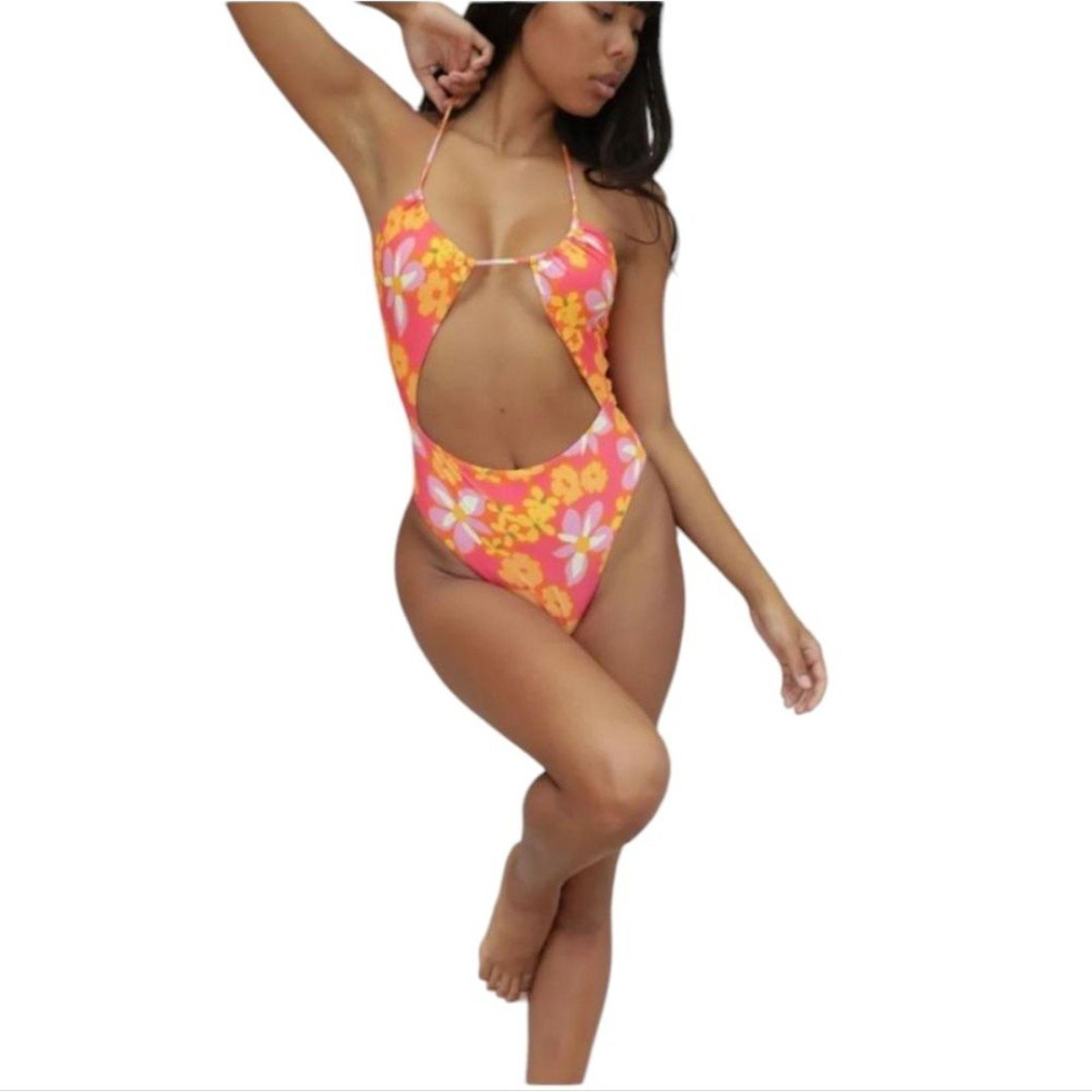NWT Stone Fox Riva One piece Swimsuit Lei Lei Floral Orange Cutout Size S