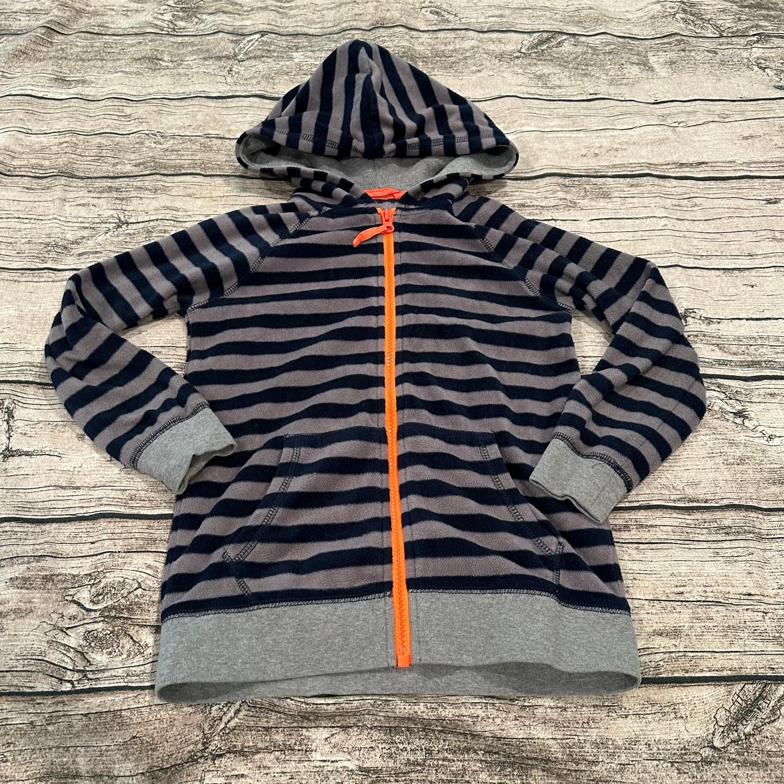 Mini Boden Fleece Full Zip Hoodie; Grey and Navy Stripes; Orange Zipper Size 6/7