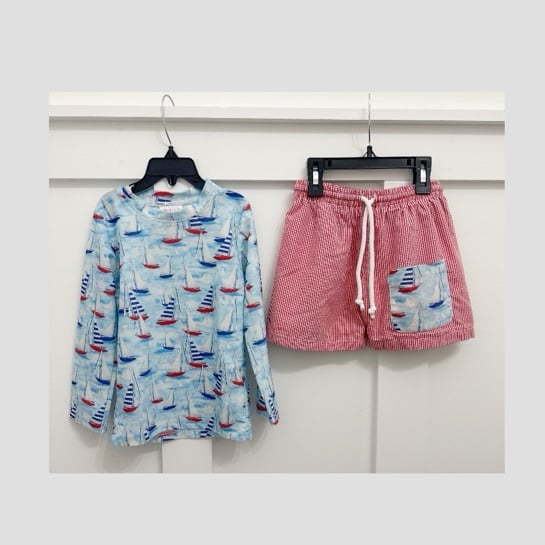 The Smocking Place 2 Piece Boys 5T Swim Trunks and Rash guard