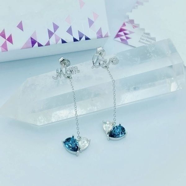 I Love You Mom Sterling Silver Simulated Sapphire Drop Earrings