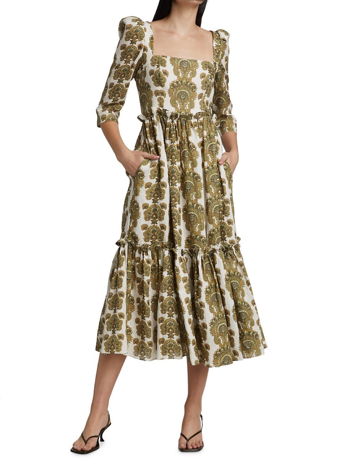 Cara Cara New York Blue Hill Tiered Midi Dress in Brown Paisley Stripe