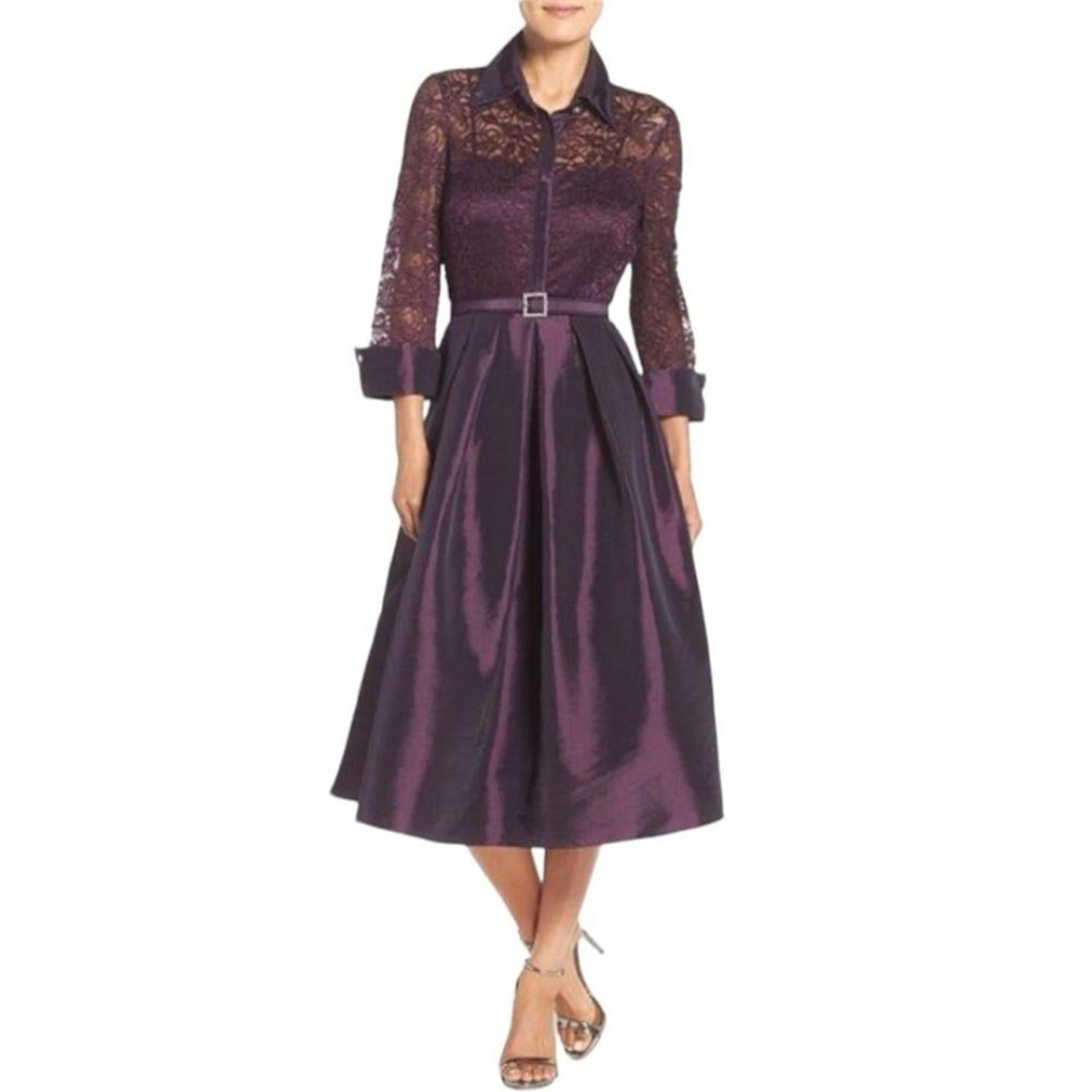 Eliza J belted lace and taffeta point collar midi dress