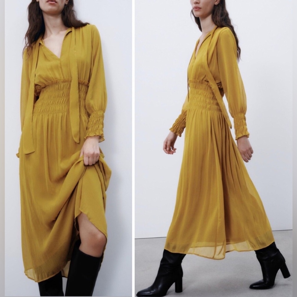 ZARA AW21 ELASTIC WAIST TIE DRESS Mustard Size Medium