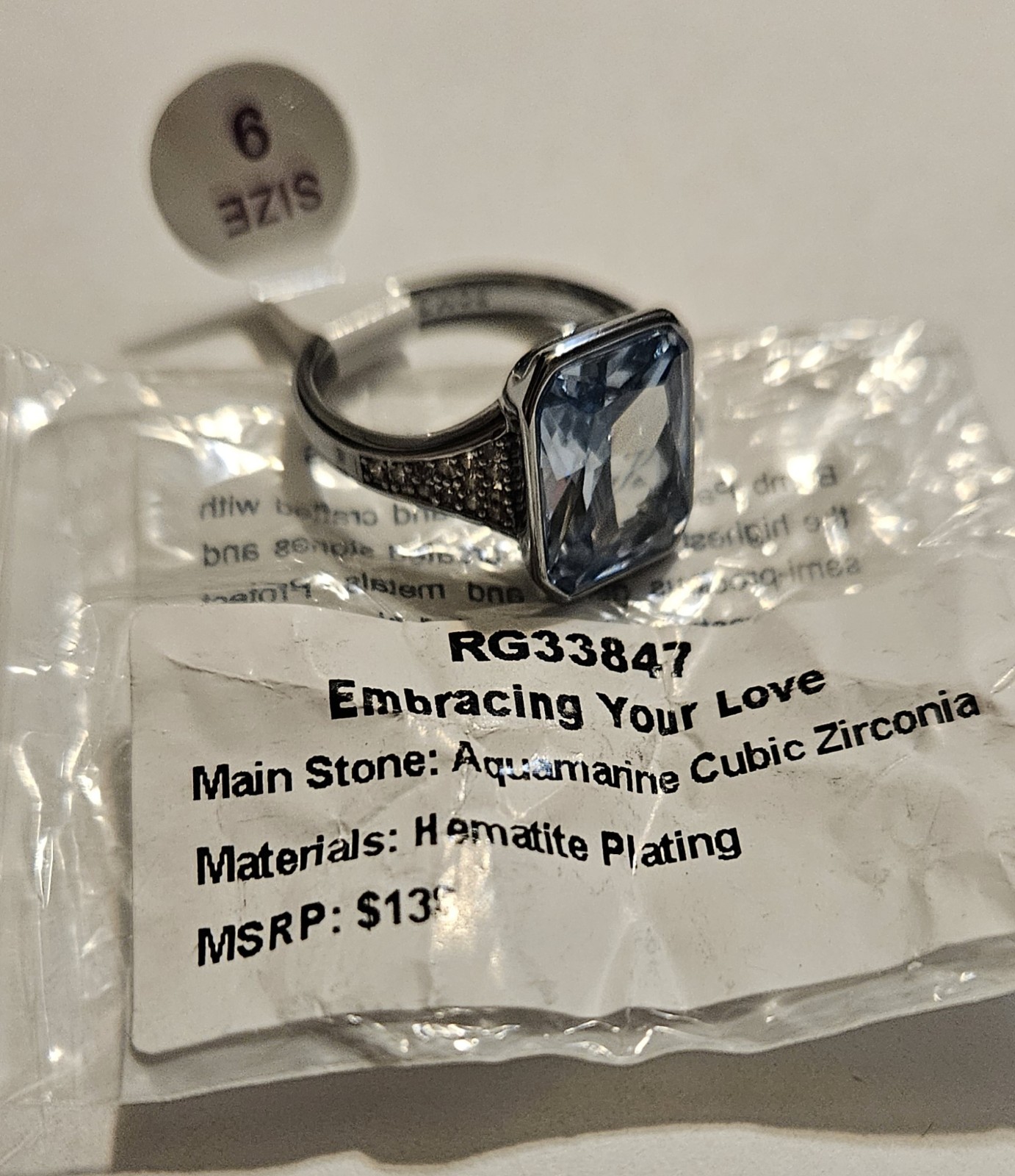 Embracing Your Love Ring Bomb Party March 2025 Hematite Aquamarine CZ Size 9