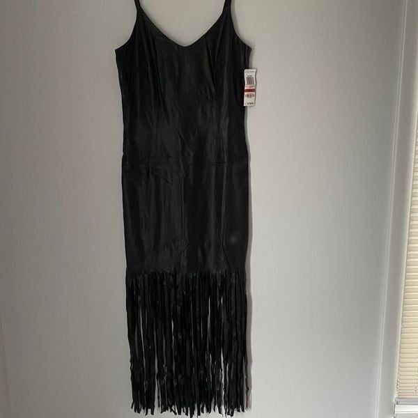 INC Women’d Round Neck Sleeveless Faux Leather Black Midi Fringe Dress size XS