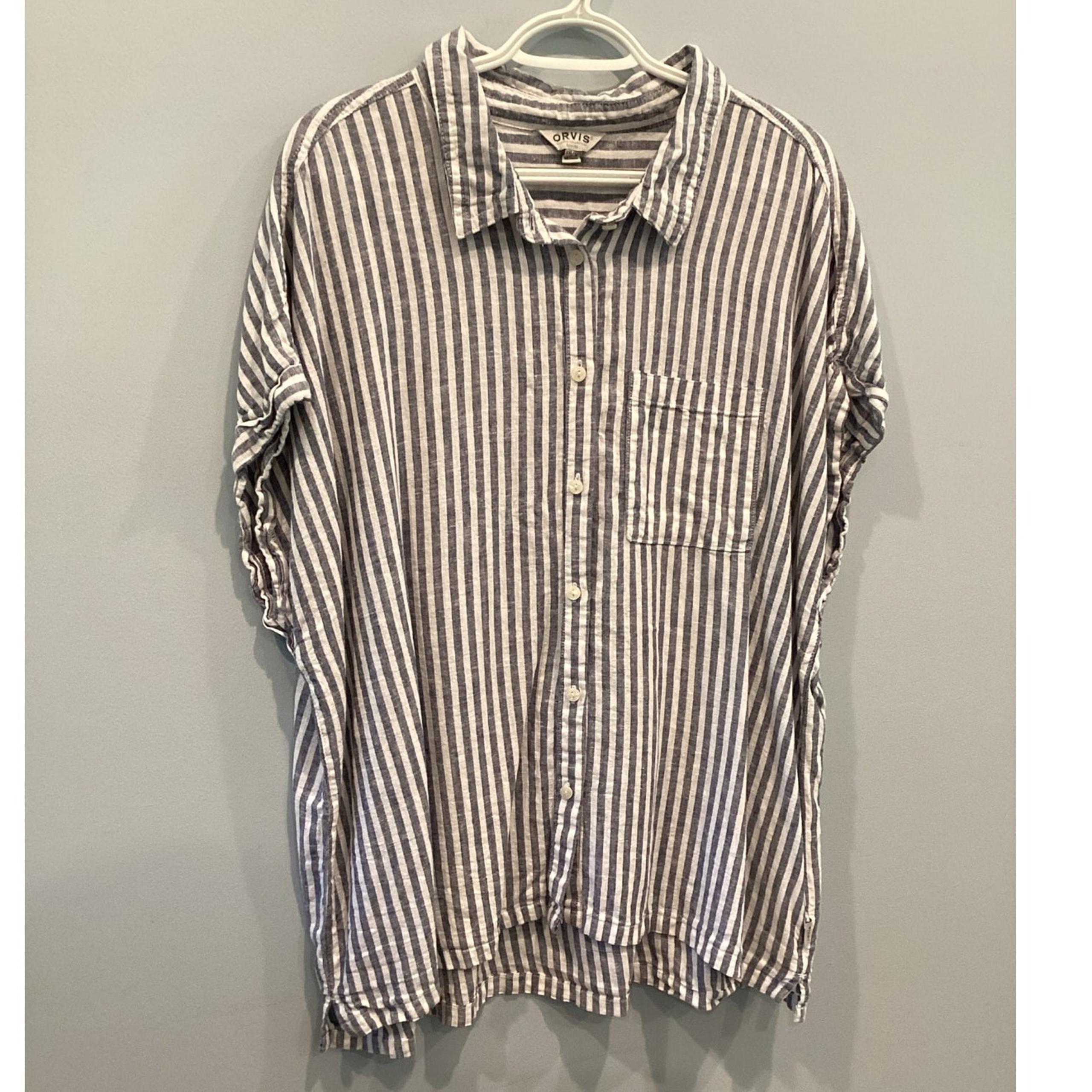 Orvis Women Linen Button Up Shirt Plus Size XXL Blue White Stripe Nautical Beach