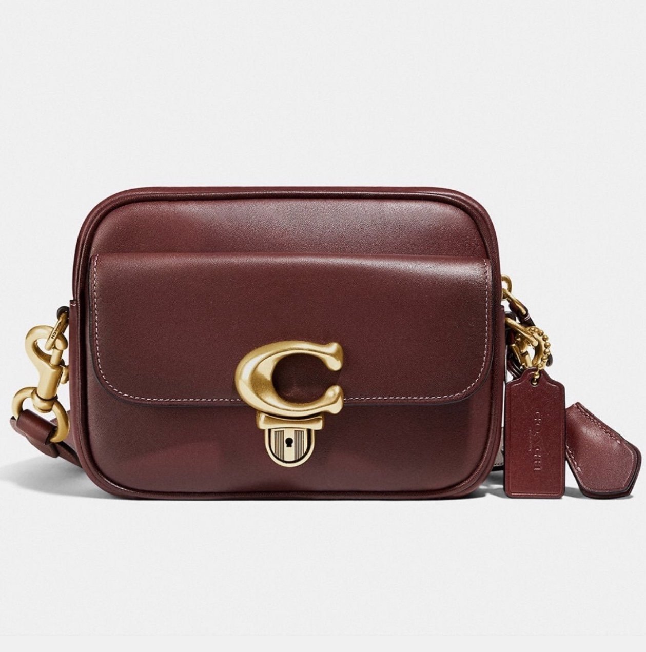 Coach Studio Camera Bag 18 in Brass/Wine Glovetanned Leather NEW