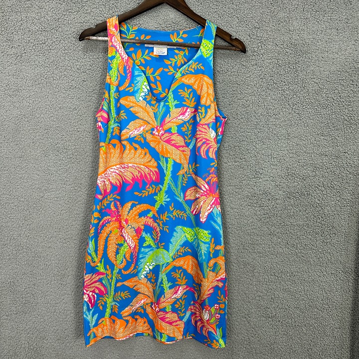 Gretchen Scott Blue Floral V-Neck Sleeveless Tropical Resort Shift Dress XS