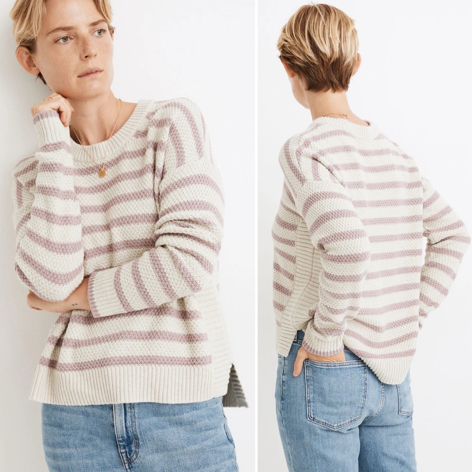 Madewell Striped Pickford Pullover Sweater Medium blush pink boxy split seam