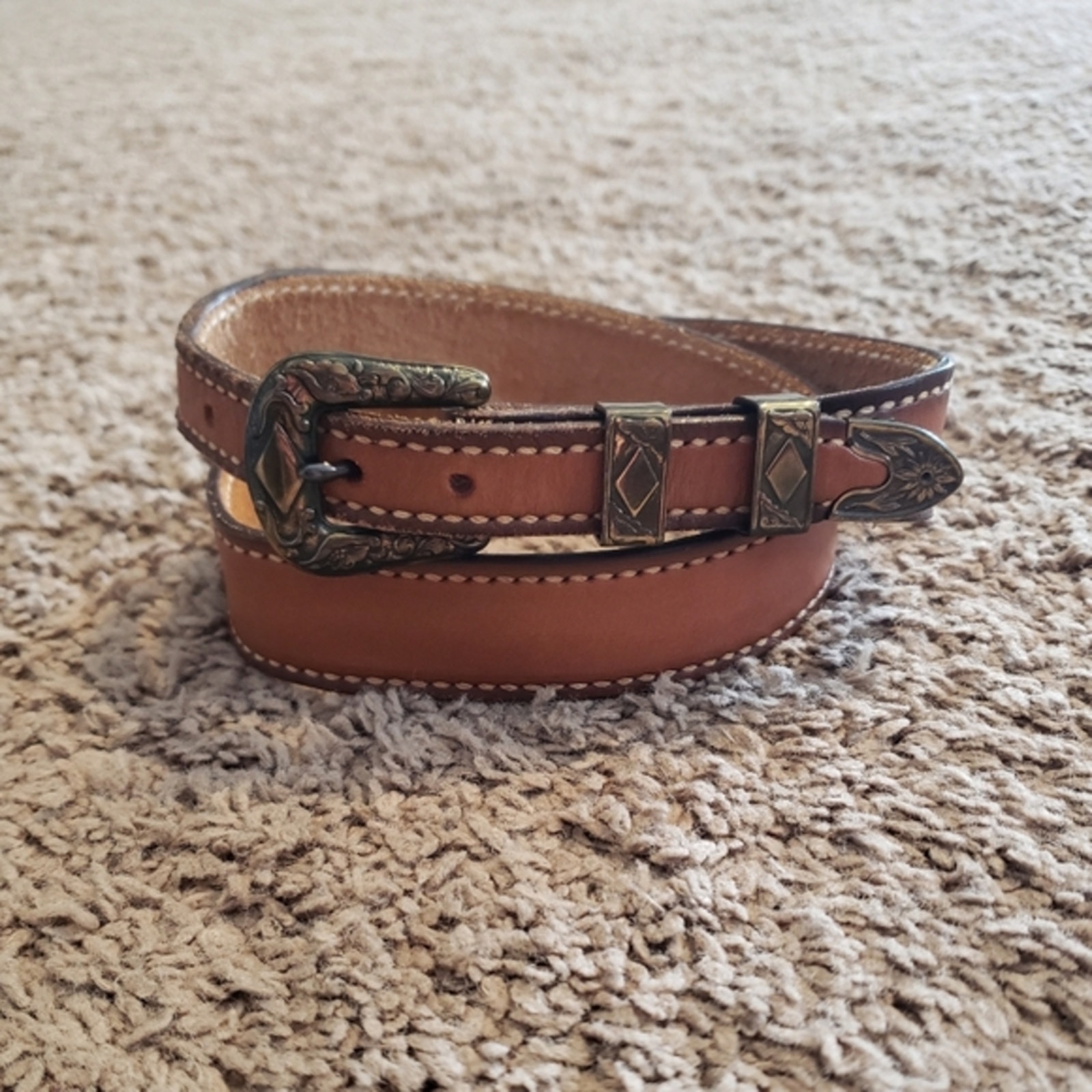 Textan vintage genuine cowhide Belt brown leather gold buckle womens 32