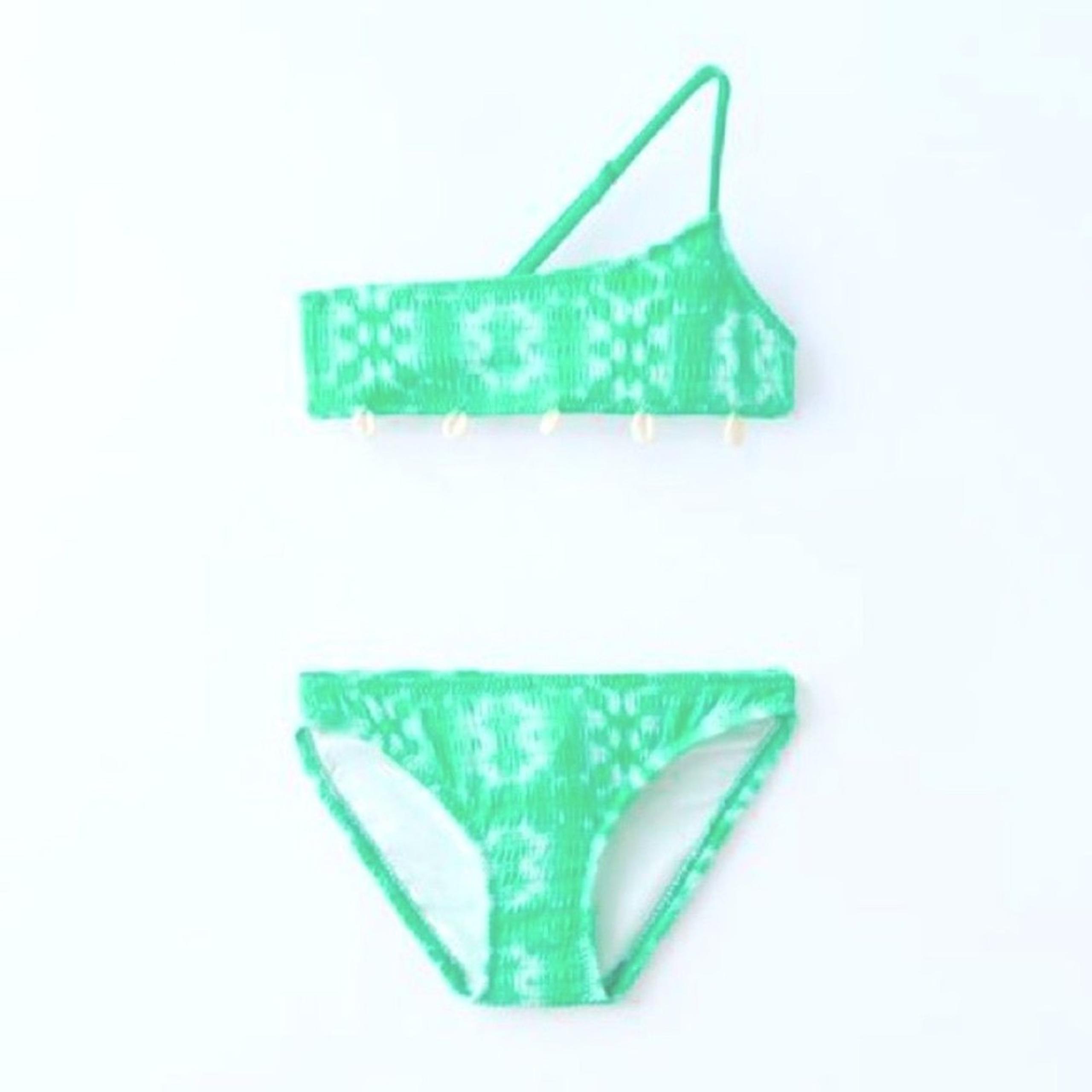 ZARA NWT 2 Piece Bikini Set Swimsuit Girls 11-12 Green Tie Dye Print Seashells