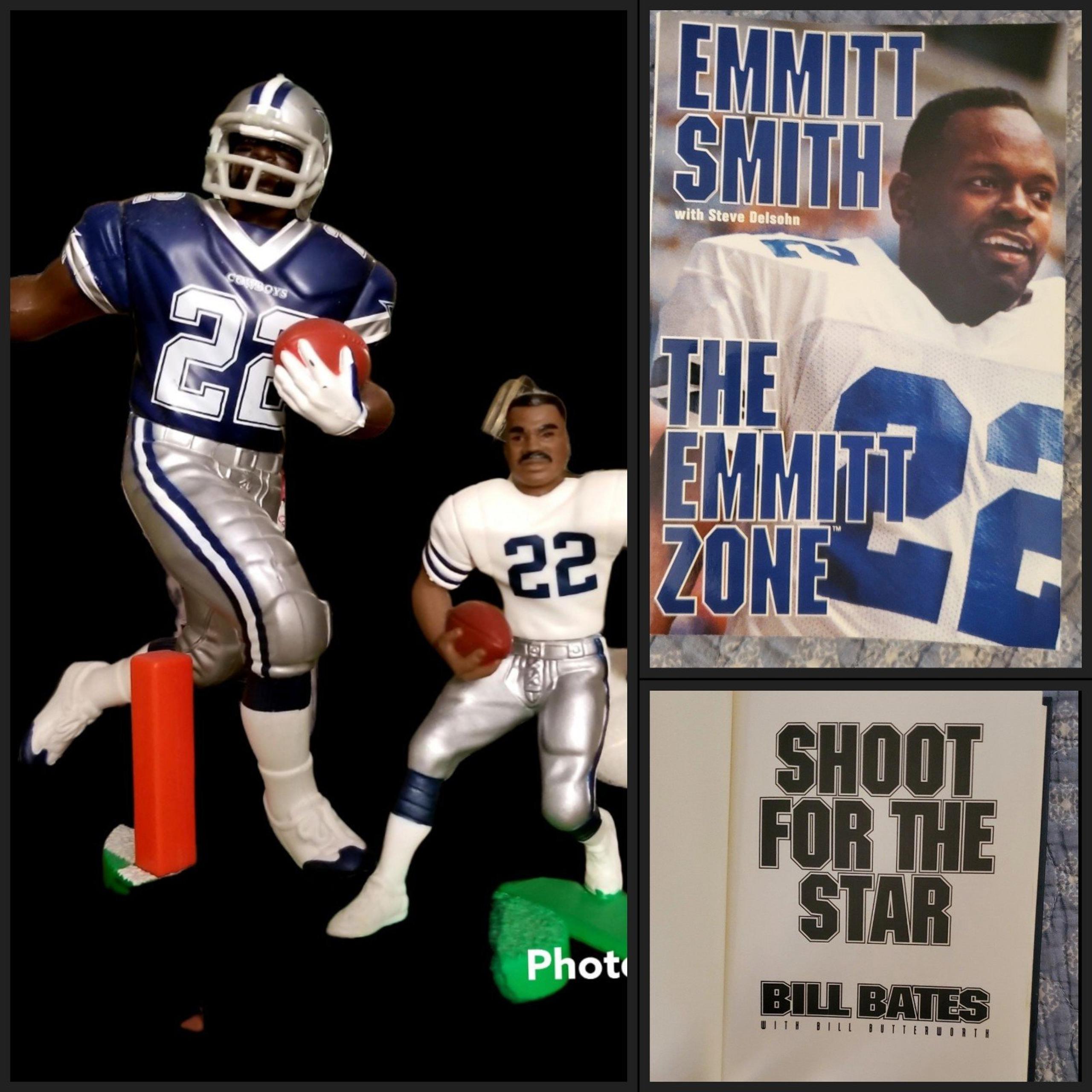 4 lot Dallas Cowboys Football 2 Emmitt Smith Figure+ Book Zone + Bill Bates HC