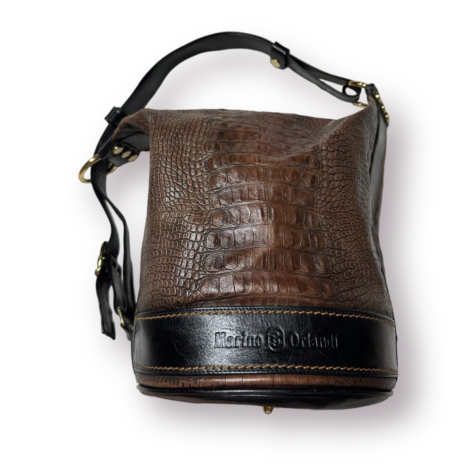 Marino Orlandi Leather Bucket Bag Croc Embossed Leather Dual Sling Tote Vintage
