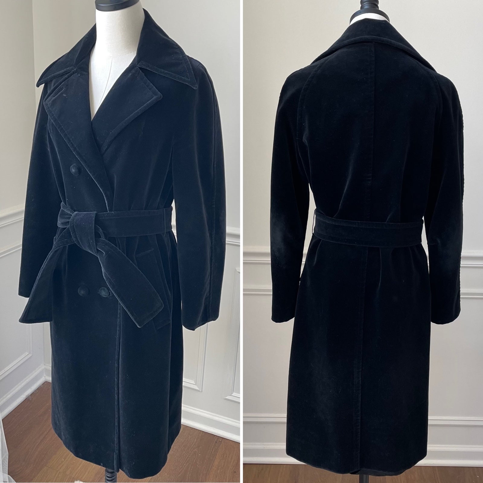 70s Brittany Bay Black Velvet Double Breasted Pointy Collar Trench Coat M