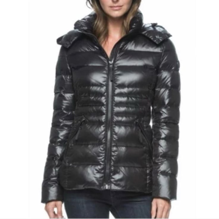 Andrew Marc Black Detachable Hood Zip Up Down Quilted Puffer Jacket