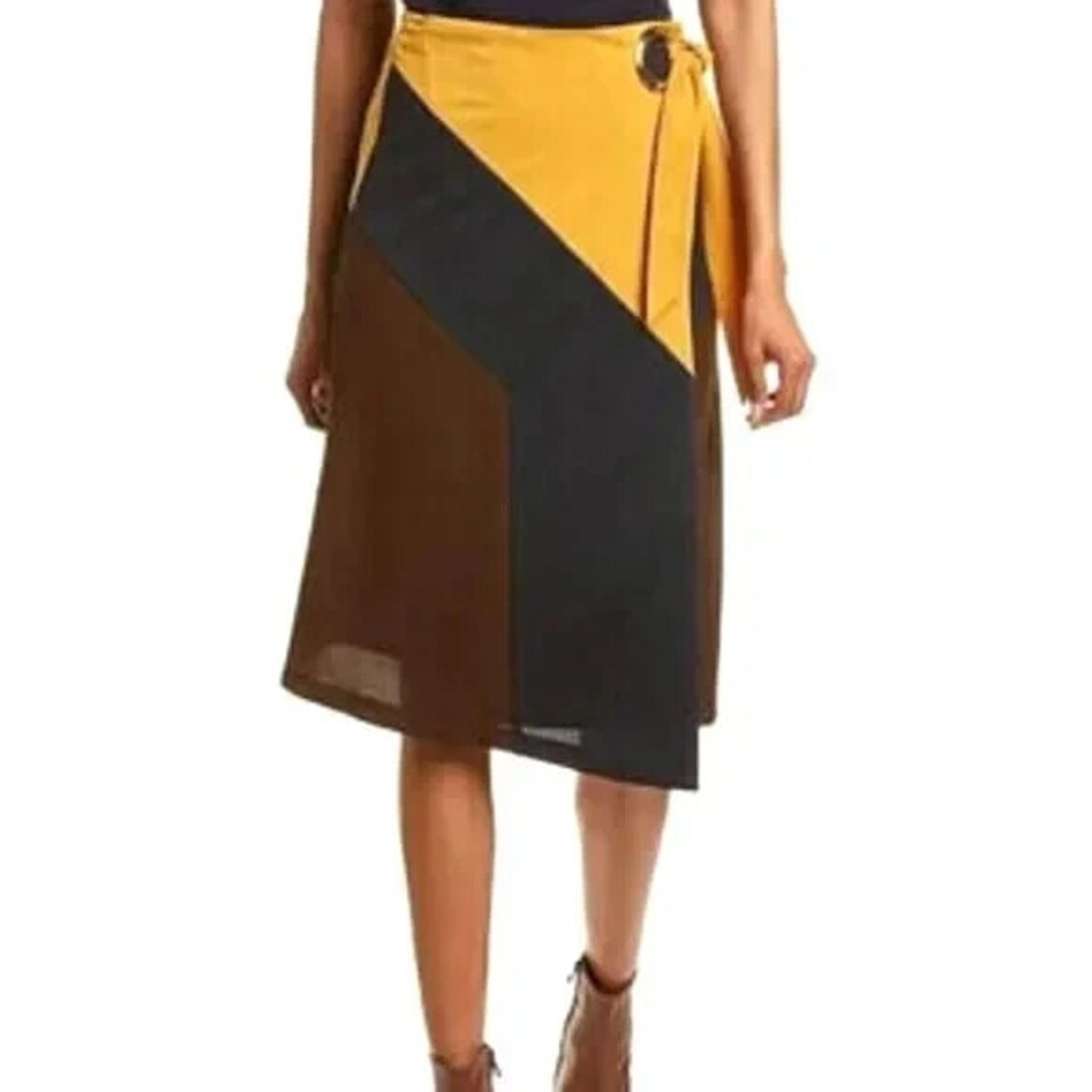 HUTCH Navy Gold Brown Colorblock Wrap Skirt Midi Length A-Line Women's Small