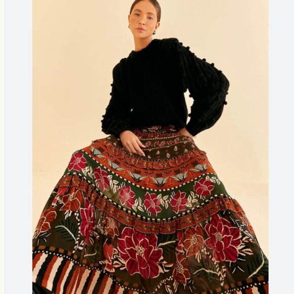 NWT 255 Farm Rio Multicolor Ainika Floral Garden Tiered Maxi Skirt