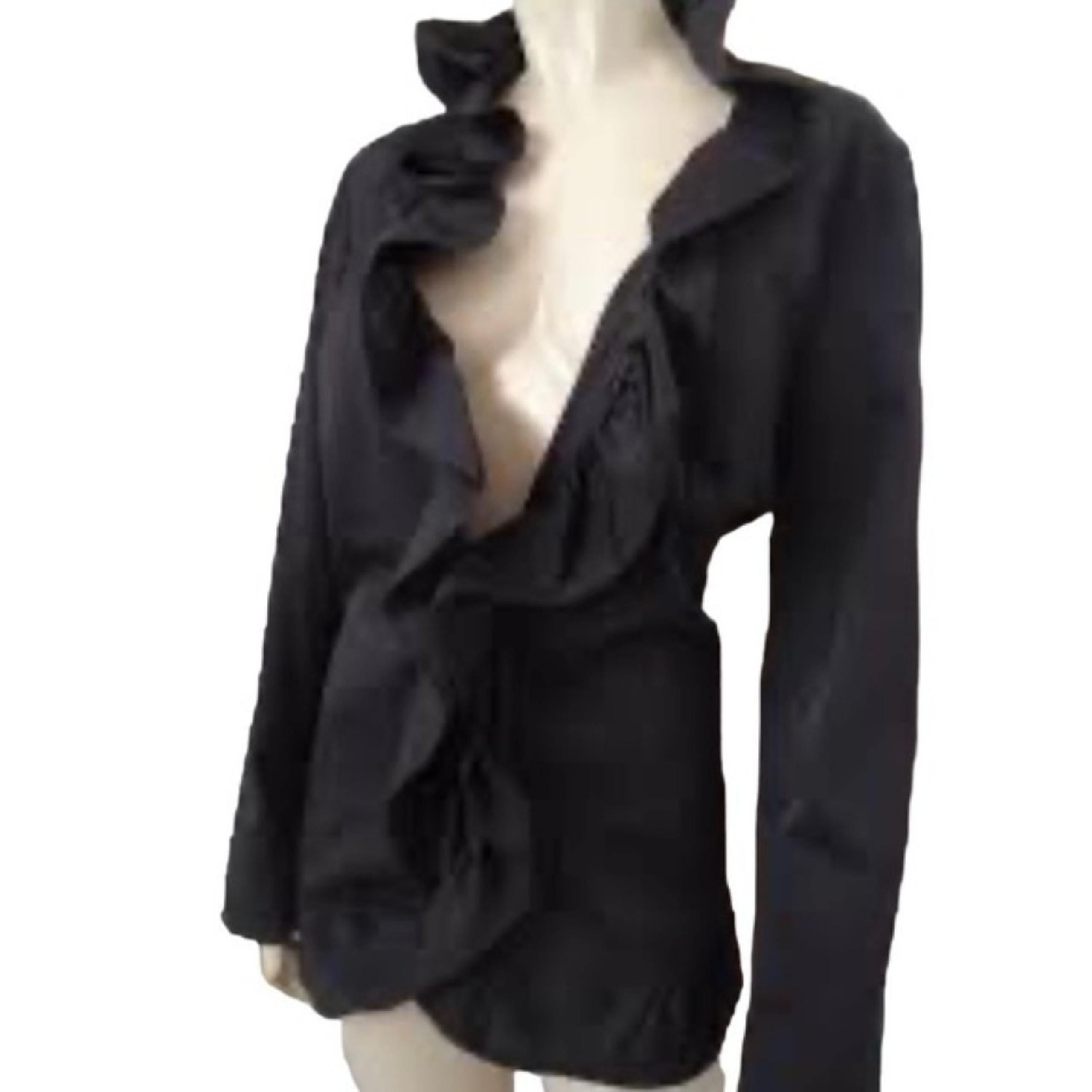 CYNTHIA ROWLEY Blazer Coat Large Black Cotton Poly Stretch Hook Eye Ruffle Front