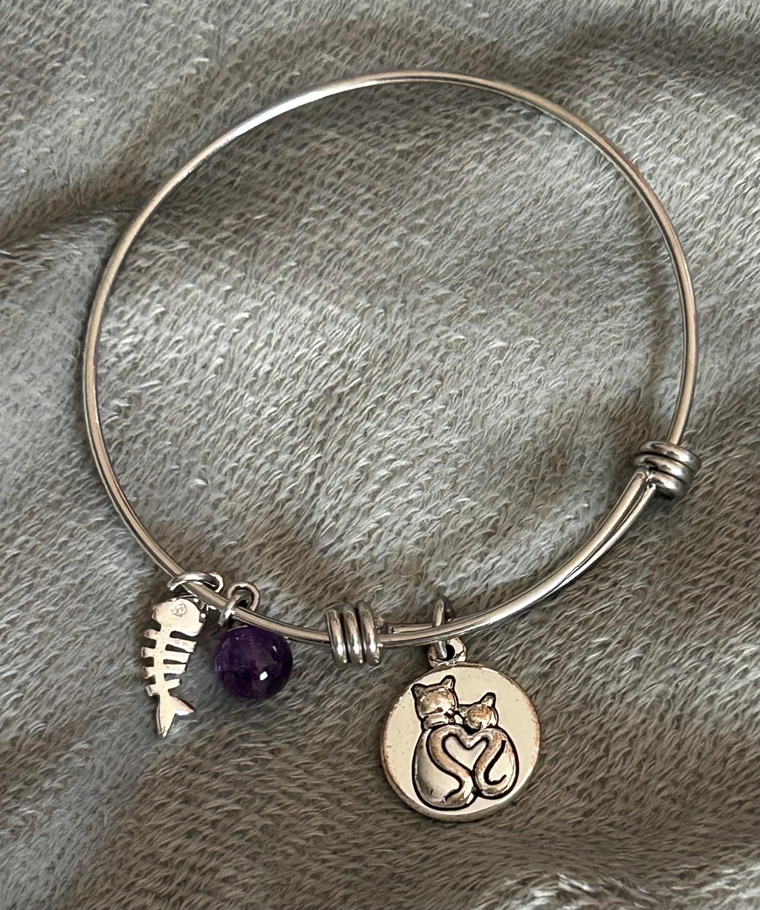 Silver Cat themed bangle bracelet