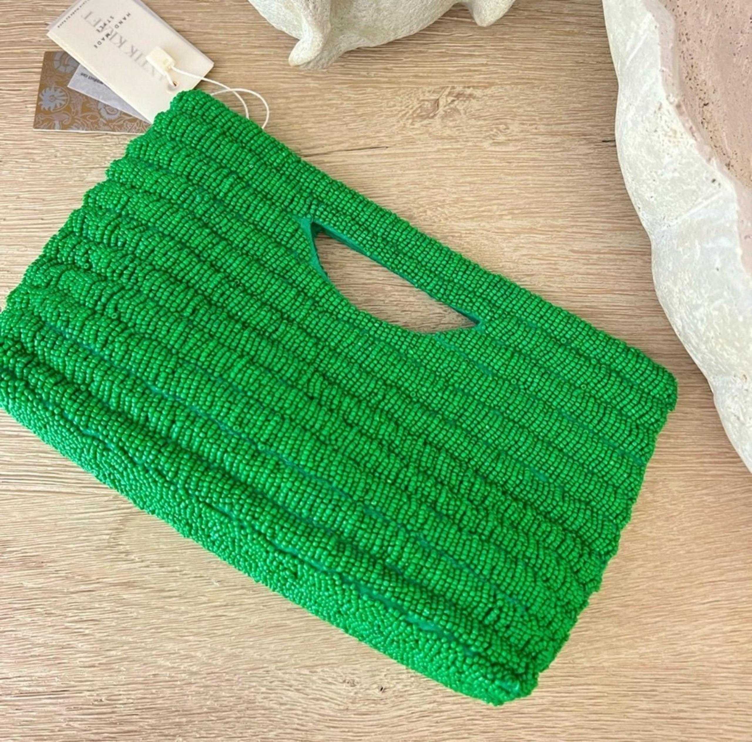 NWT Viral Antik Kraft Green Beaded Crossbody Clutch, Handcrafted in India