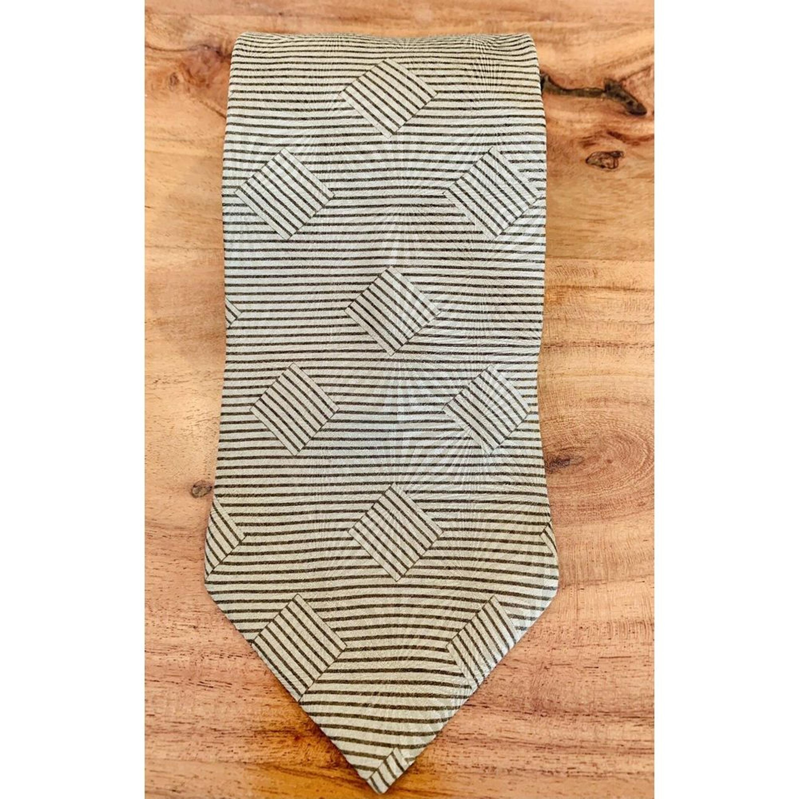 Bill Blass Black Label Geometric Striped Tie Silk Brown Ivory Square