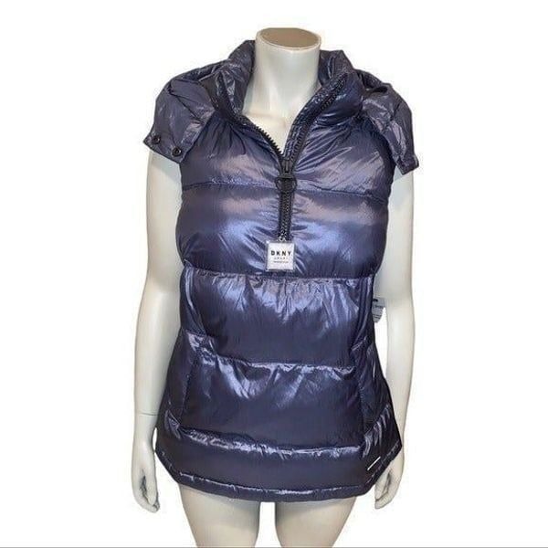 DKNY Sport Metallic Odyssey Blue Quarter-Zip Hooded Vest Women's Small NWT