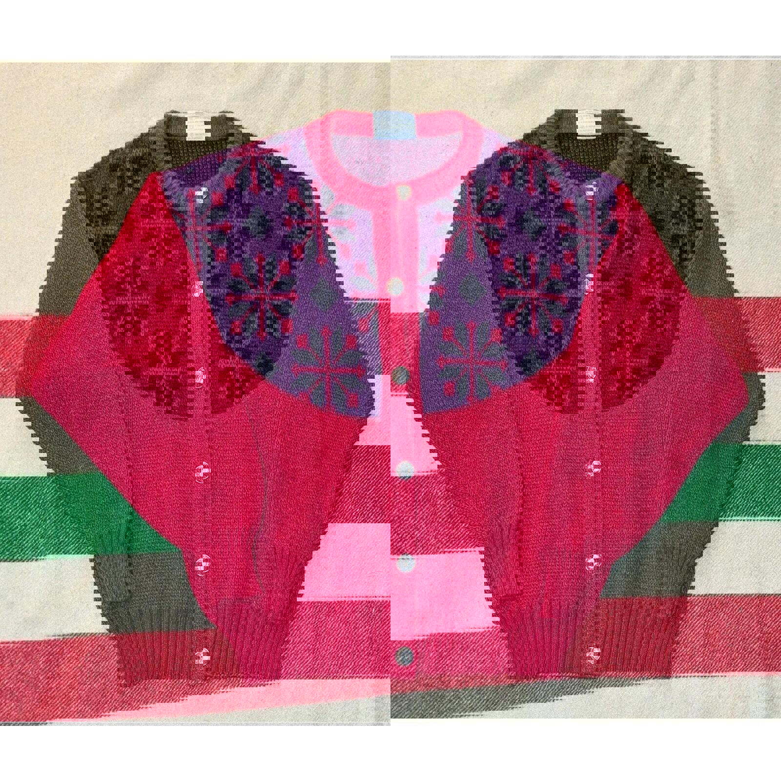 Vintage pink Fair Isle sweater, Icewool by Alafoss cardigan sweater Nordic 80s