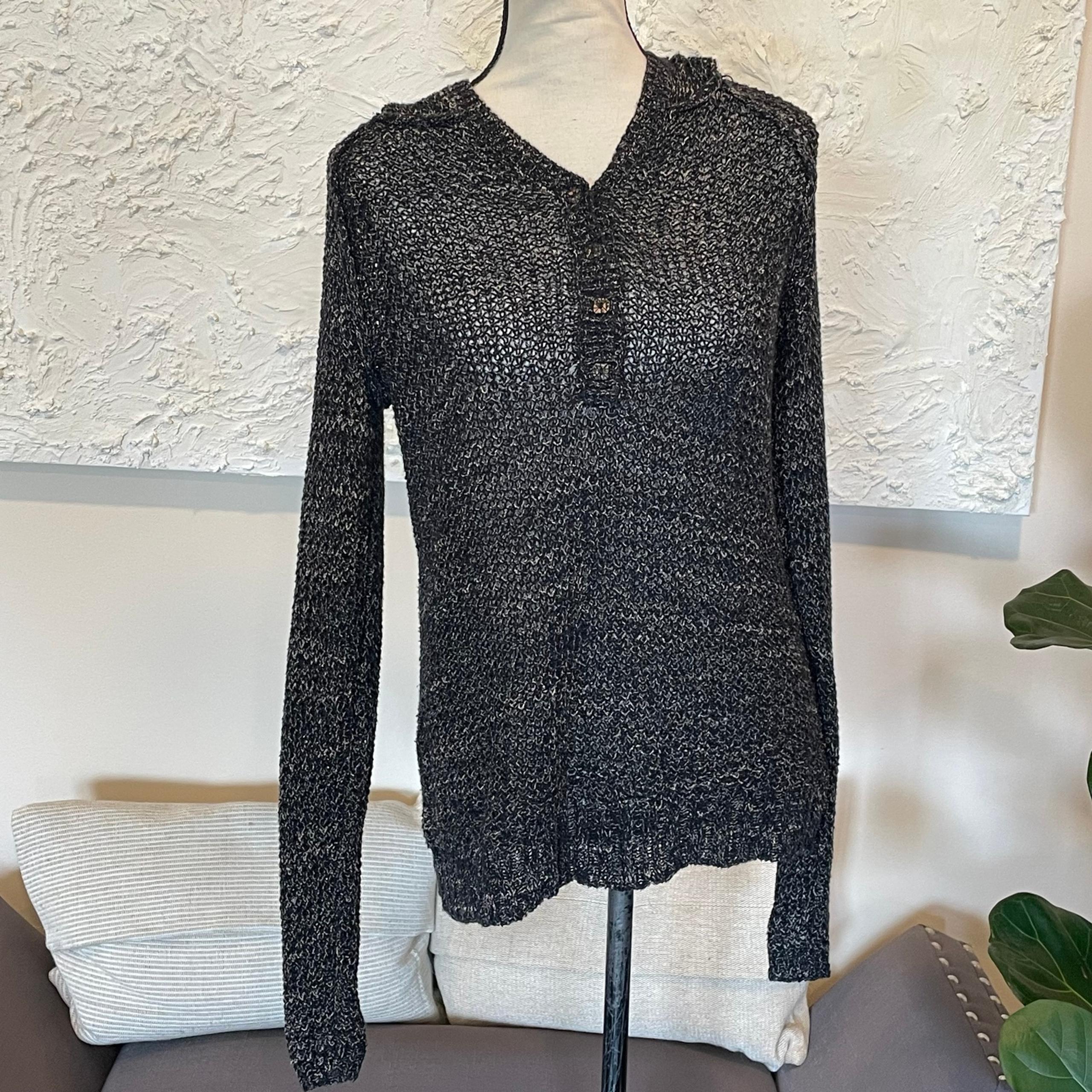 Free People Henley Sweater Pullover Open Knit Hoodie Black Beige Cotton Size S