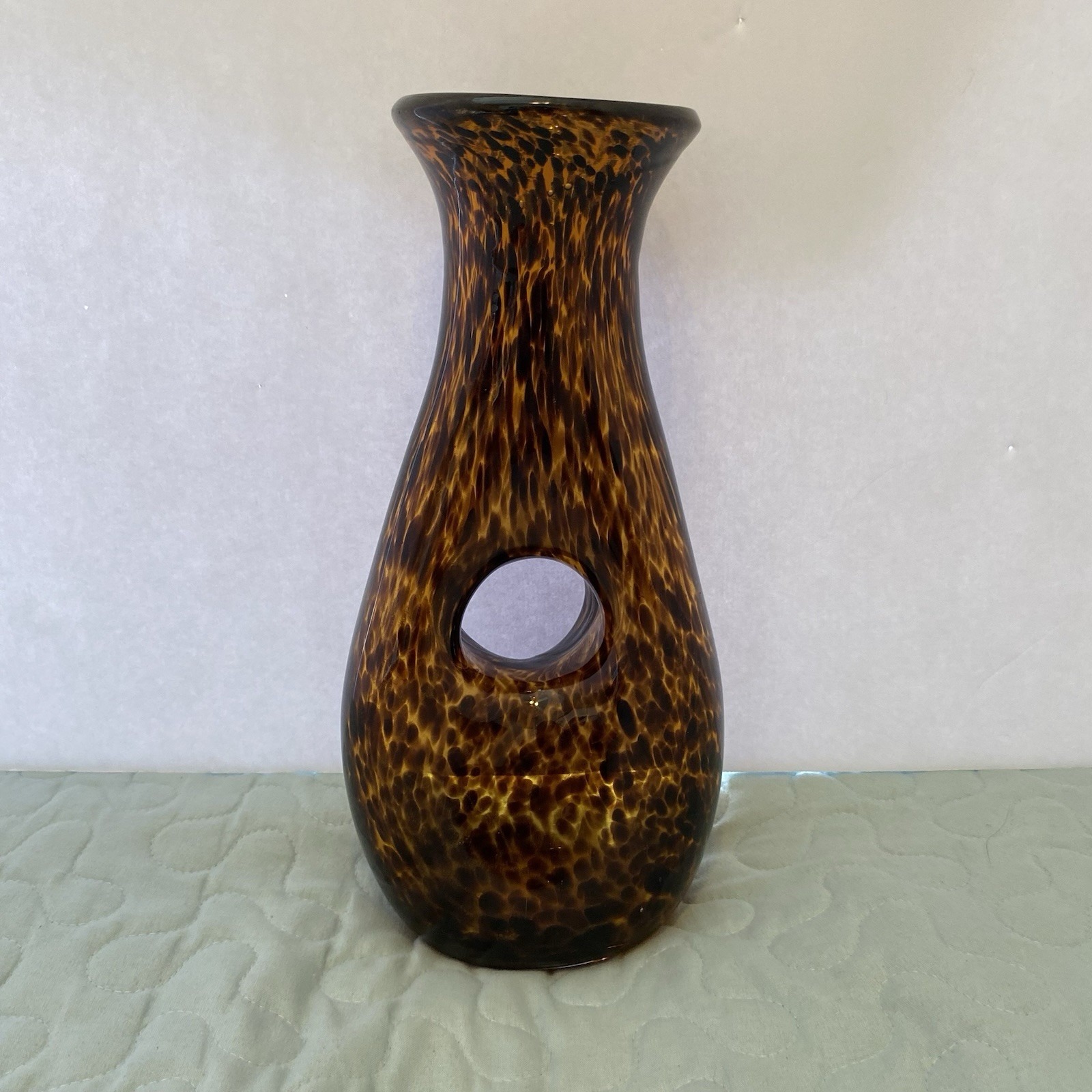 Murano Style Vase Brown/Black Tortoise/Leopard Glass w/Hole near Base