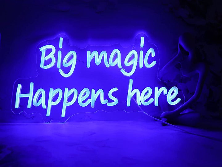 Vinray Big Magic Happens Here Neon Sign,Blue Magic Neon Sign,Large Light Sign