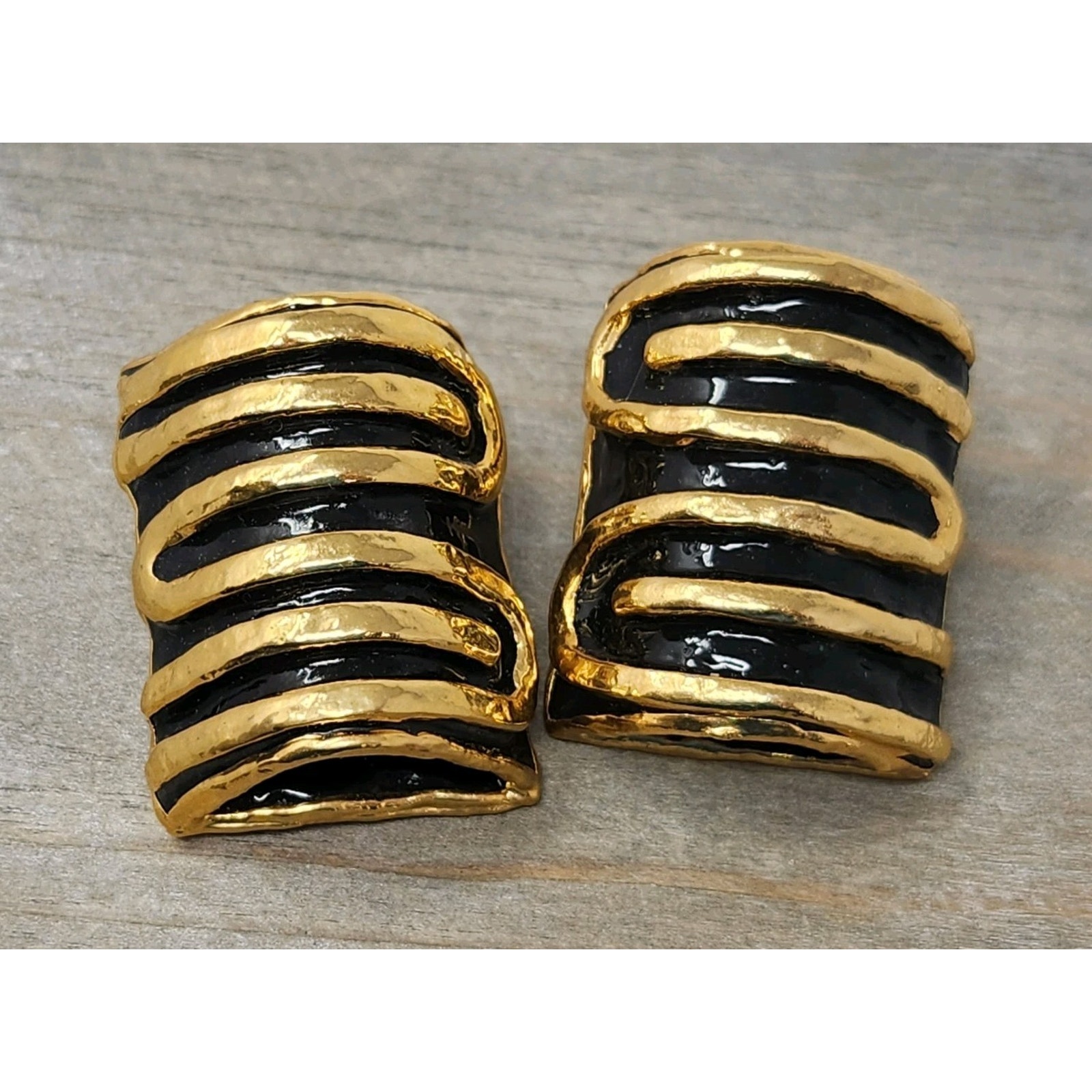 Vintage Lacombe 1988 Black & Gold Modernist Abstract 3D Clip-On Earrings Art