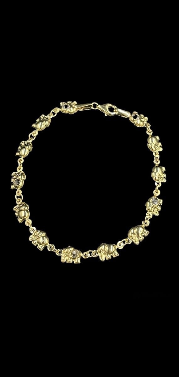 10K Real Gold Puff Elephant Crystal Link Chain Bracelets with Lobster Lock