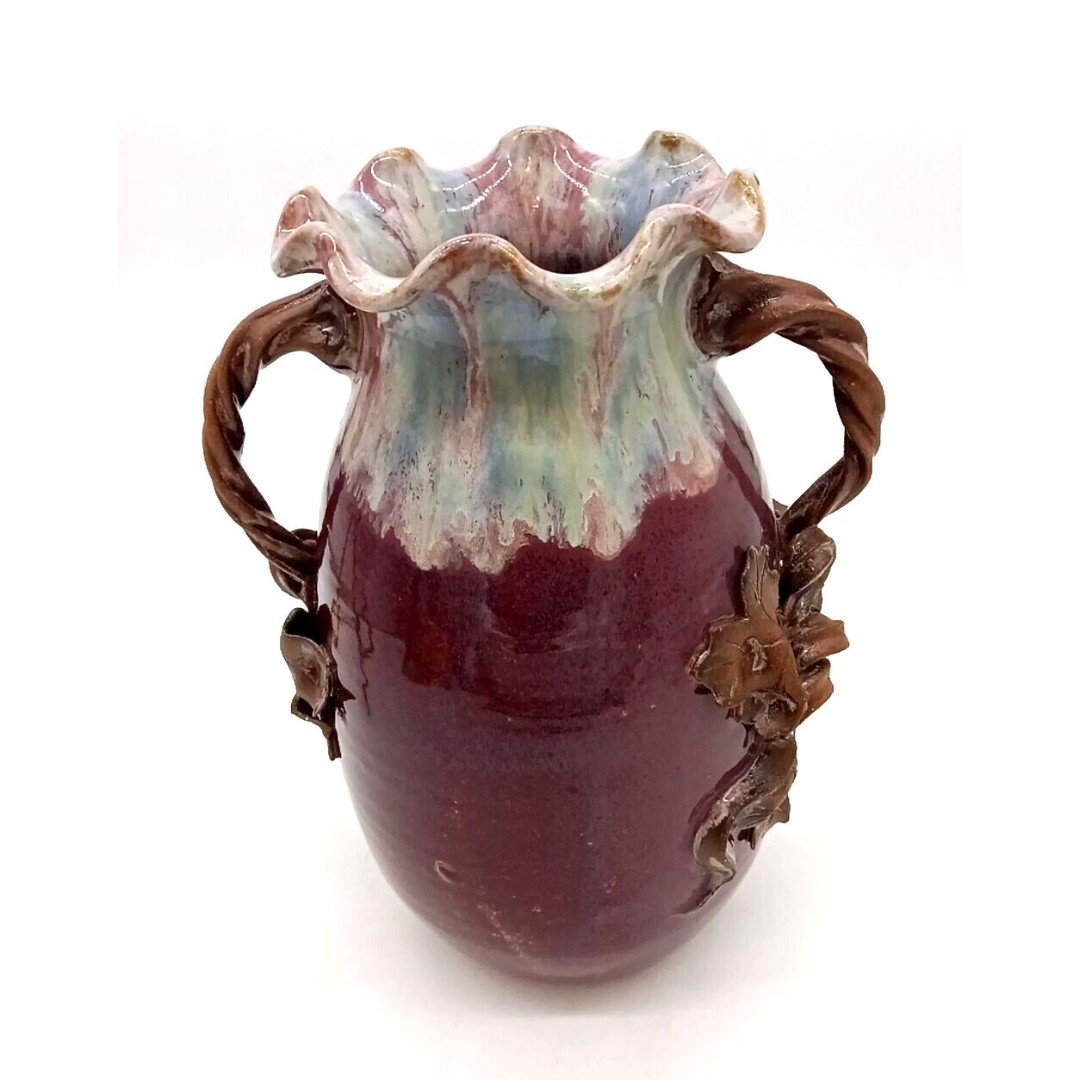 Potternot Pottery Purple Blue Swirl Glazed 9.5 Vase Twisted Grape Vine Handles