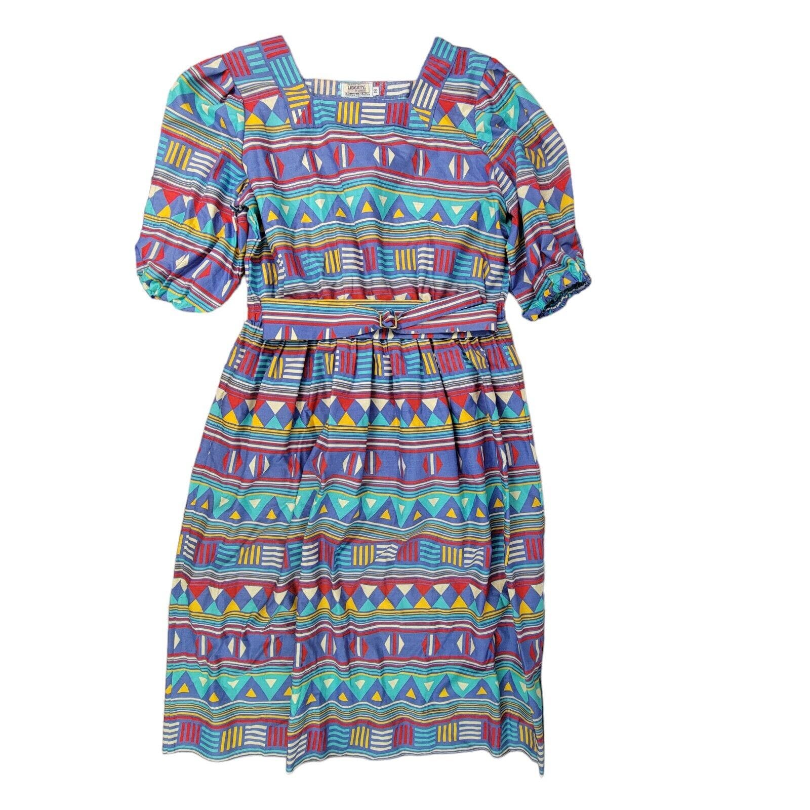 LIBERTY LONDON Vintage Southwestern Aztec 90's Dress Square Neck Puff Sleeve