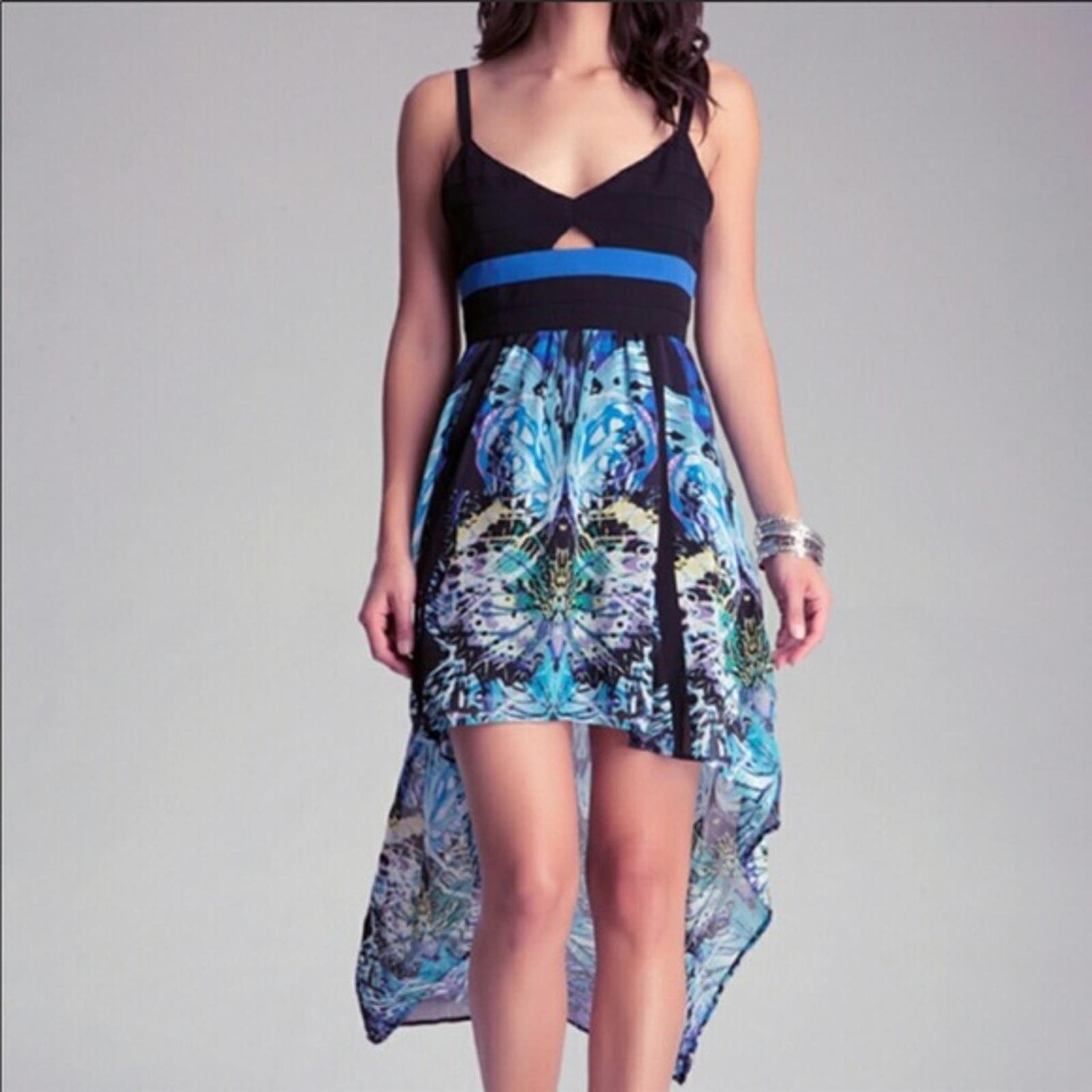 NWT Bebe Sz 6 Banded Hi Low Keyhole Bold Blue & Black Maxi Dress