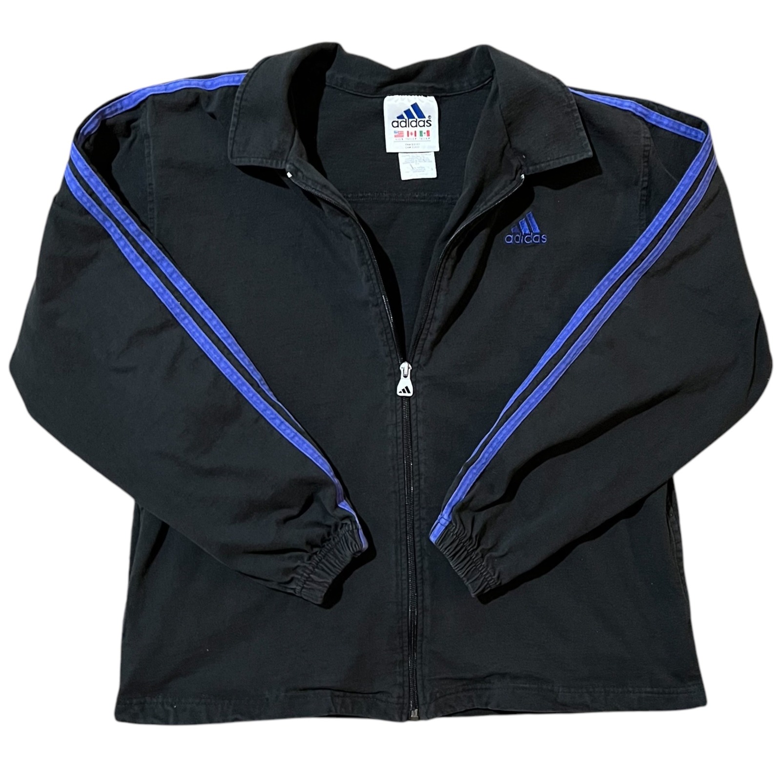 Adidas Track Jacket Full Zip 3 Stripe Black Blue Mens Small