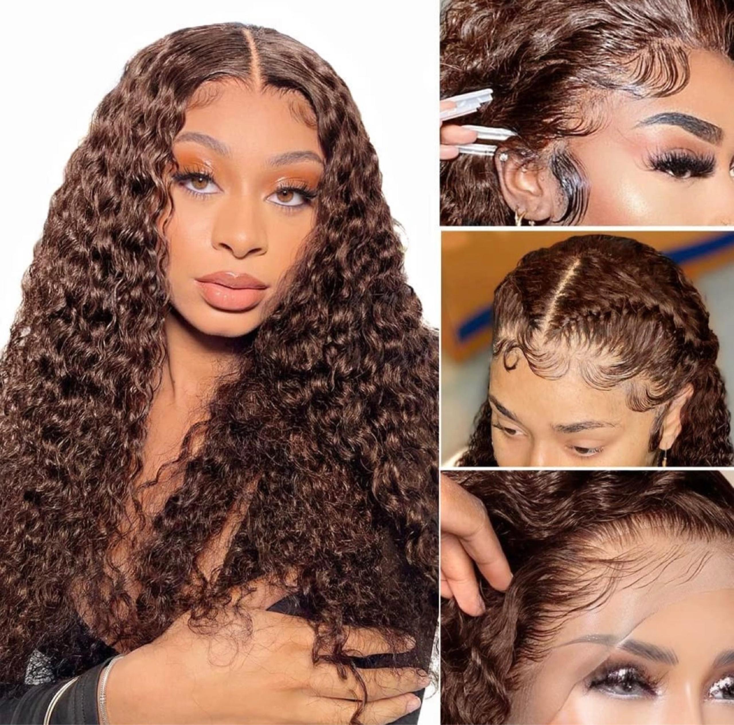 18” chocolate brown curly human hair wig 13*4 brown lace front wig pre plucked