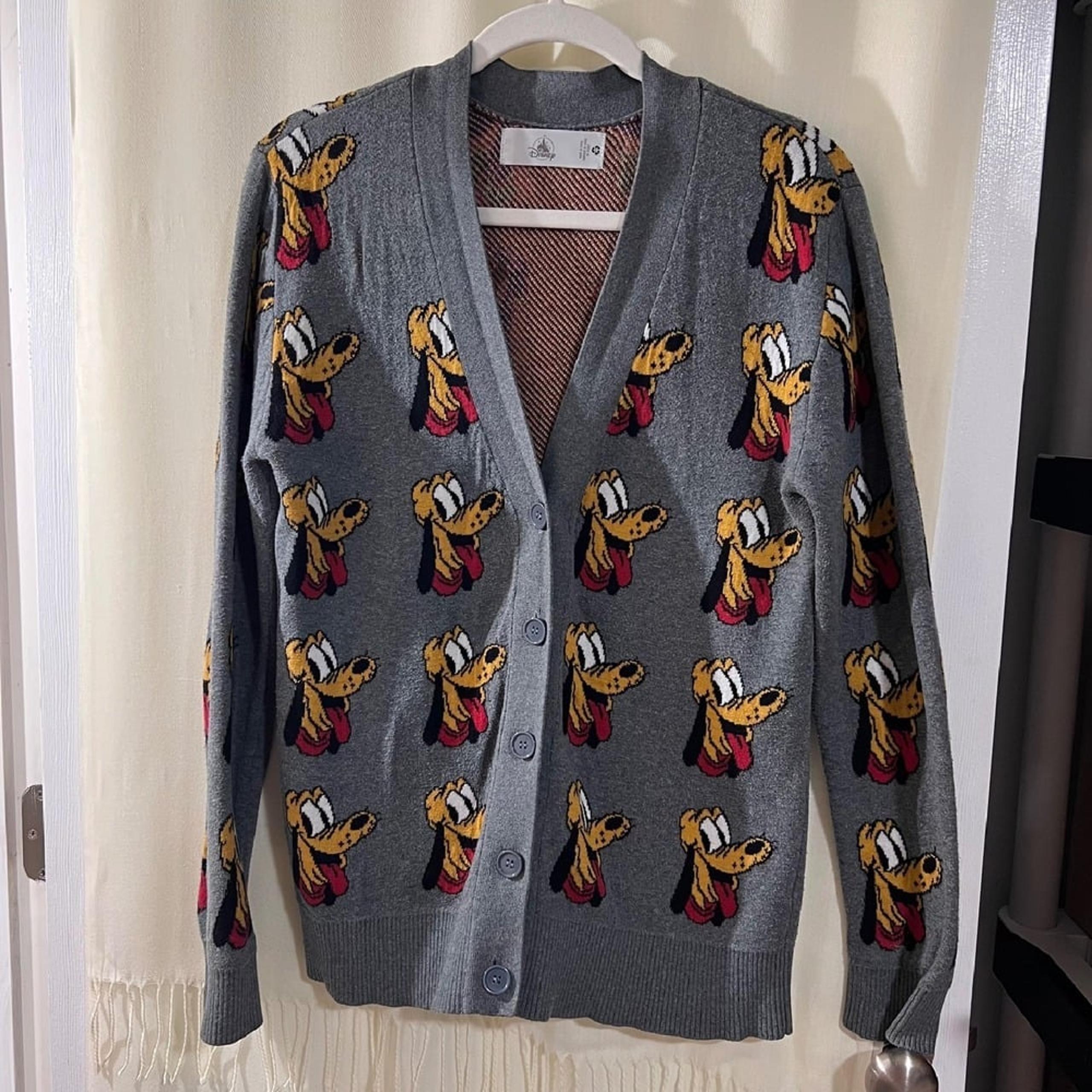 VTG Disney Pluto Cardigan Sweater Knitwear Character Graphic Gray Womens Size S