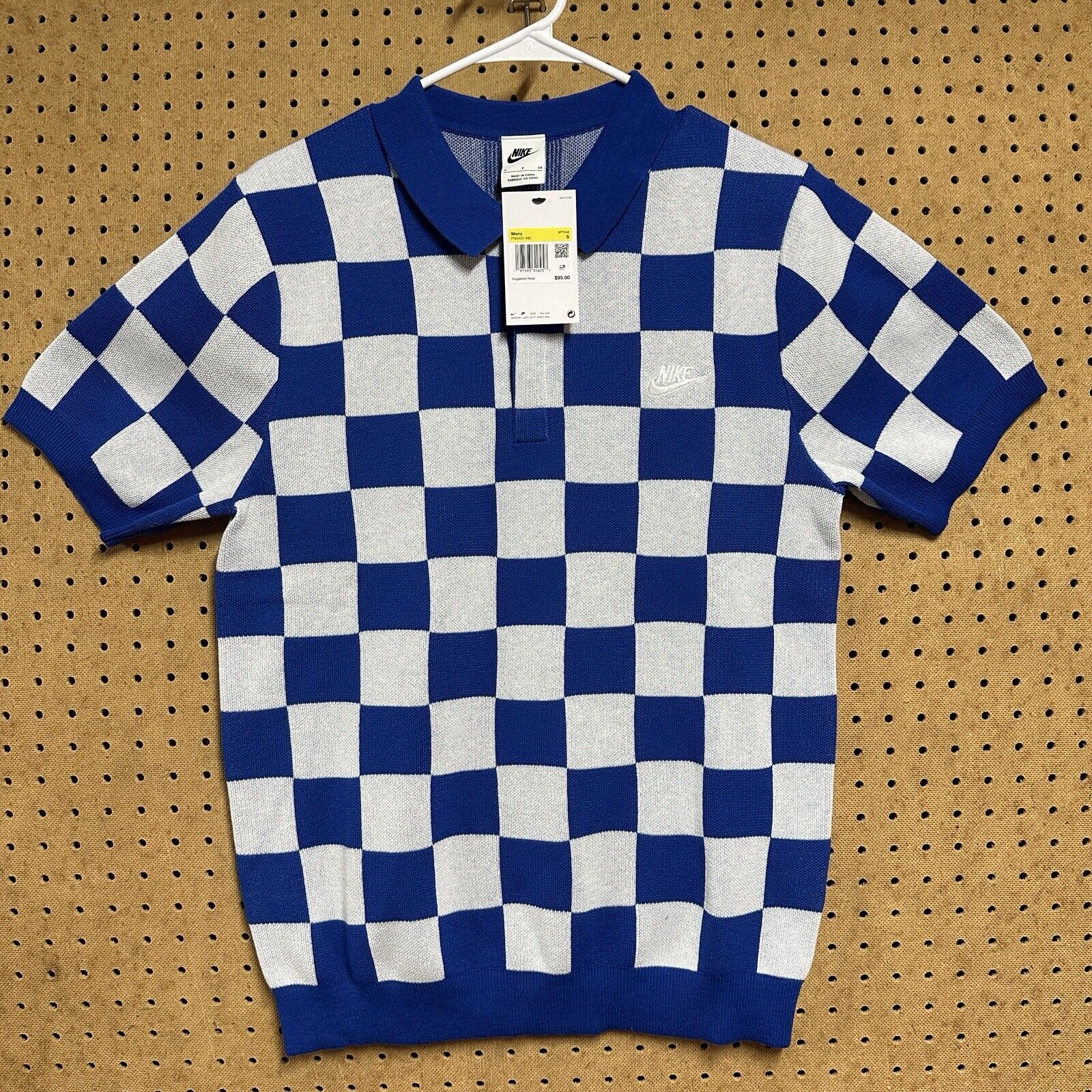 Men's Nike Checkers Polo Golf Sweater Blue White Comfort FN3422-480 Size Small