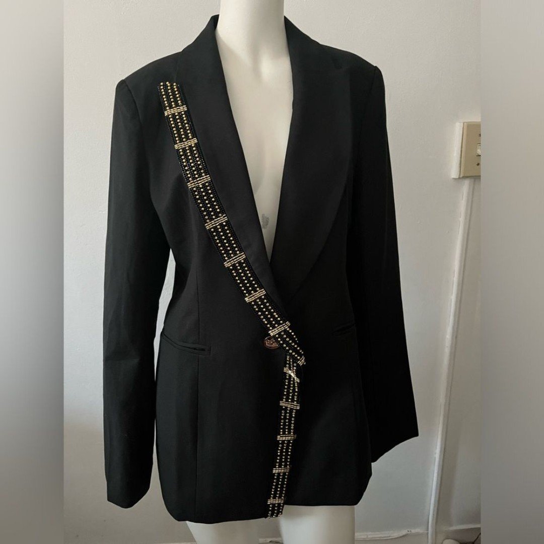 NWT Shauna Courtney London cotton black gold beaded trim military blazer Small