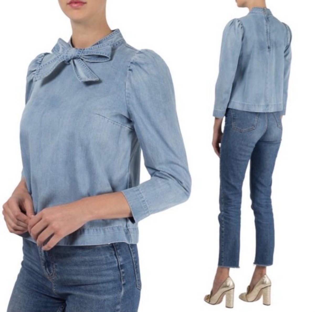 Ulla Johnson Wes Bow-embellished Denim Blouse Light Denim Tie Neck Top Sz XS | 2